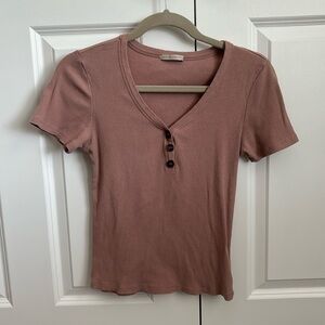 Light Pink V Neck Henley Button Ribbed Tee Shirt